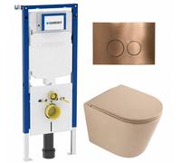 QeramiQ Dely Ensemble WC - 36.3x51.7cm - cuvette profonde - sans bride - réservoir encastré Geberit UP720 - abattant WC à fermeture douce - plaque de commande cuivrée - boutons ronds - beige mat SW100