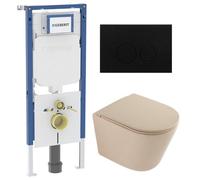 QeramiQ Dely Ensemble WC - 36.3x51.7cm - cuvette profonde - sans bride - réservoir encastré Geberit UP720 - abattant WC à fermeture amortie - plaque de commande en métal noir mat - boutons ronds - bei