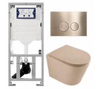 QeramiQ Dely Pack WC - 36,3x51,7cm - à fond creux - sans bride - réservoir encastré Geberit UP320 - abattant WC à fermeture douce - plaque de déclenchement en laiton brossé - boutons ronds - beige mat