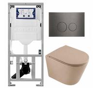 QeramiQ Dely Pack WC - 36,3x51,7cm - à fond creux - sans bride - réservoir encastré Geberit UP320 - abattant WC à fermeture douce - plaque de déclenchement gunmetal - boutons ronds - beige mat SW10007