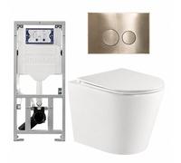 QeramiQ Dely Pack WC - 36,3x51,7cm - à fond creux - sans bride - réservoir encastré Geberit UP320 - abattant WC à fermeture douce - plaque de déclenchement en laiton brossé - boutons ronds - blanc mat