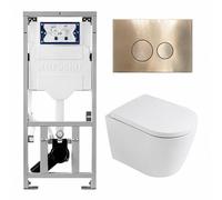 QeramiQ Dely Pack WC - 36.3x51.7cm - à fond creux - sans bride - réservoir encastré Geberit UP320 - abattant WC softclose 35 mm - plaque de déclenchement en laiton brossé - boutons ronds - blanc mat S