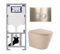 QeramiQ Dely Pack WC - 36,3x51,7cm - à fond creux - sans bride - réservoir encastré Geberit UP320 - abattant WC softclose 35 mm - plaque de déclenchement en laiton brossé - boutons ronds - beige mat S