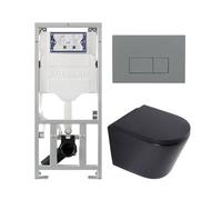 QeramiQ Dely Pack WC - 36,3x51,7cm - à fond creux - sans bride - réservoir encastré Geberit UP320 - abattant WC softclose 35 mm - plaque de déclenchement gris clair - boutons rectangulaires - noir mat