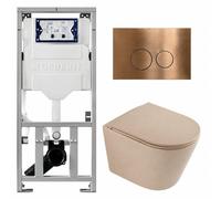 QeramiQ Dely Pack WC - 36,3x51,7cm - à fond creux - sans bride - réservoir encastré Geberit UP320 - abattant WC à fermeture douce - plaque de commande en cuivre - boutons ronds - beige mat SW1000764/S