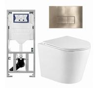 QeramiQ Dely Pack WC - 36.3x51.7cm - à fond creux - sans bride - réservoir encastré Geberit UP320 - abattant WC à fermeture douce - plaque de déclenchement en laiton brossé - boutons rectangulaires - 