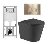QeramiQ Dely Pack WC - 36,3x51,7cm - à fond creux - sans bride - réservoir encastré Geberit UP320 - abattant WC à fermeture douce - plaque de déclenchement en laiton brossé - boutons ronds - noir mat