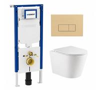 QeramiQ Dely Pack WC - 36,3x51,7cm - à fond creux - sans bride - réservoir encastré Geberit UP720 - abattant WC softclose 35 mm - plaque de déclenchement en laiton brossé - boutons ronds - beige mat S