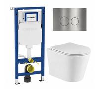 QeramiQ Dely Pack WC cuvette sans bride 36.3x51.7cm avec bâti-support Geberit UP320 abattant WC blanc brillant frein de chute et plaque de commande Steel boutons Ronds SW1026255/0701131/SW706194/SW115