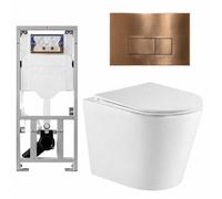 QeramiQ Dely Pack WC cuvette sans bride 36.3x51.7cm avec bâti-support Geberit UP320 abattant WC blanc mat frein de chute et plaque de commande Cuivre boutons Rectangulaires SW1000766/0701131/SW706197/