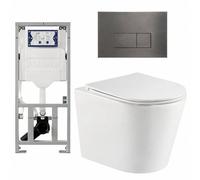 QeramiQ Dely Pack WC cuvette sans bride 36.3x51.7cm avec bâti-support Geberit UP320 abattant WC blanc brillant frein de chute et plaque de commande Gun metal boutons Rectangulaires SW1026255/0701131/S