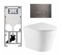 QeramiQ Dely Pack WC cuvette sans bride 36.3x51.7cm avec bâti-support Geberit UP320 abattant WC blanc mat frein de chute et plaque de commande Gun metal boutons Rectangulaires SW1026254/0701131/SW7061