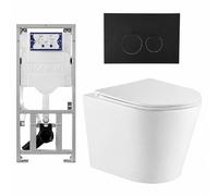 QeramiQ Dely Pack WC cuvette sans bride 36.3x51.7cm avec bâti-support Geberit UP320 abattant WC blanc mat frein de chute et plaque de commande Noir mat boutons Ronds SW1000766/0701131/SW706188/SW10262