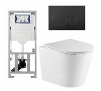 QeramiQ Dely Pack WC cuvette sans bride 36.3x51.7cm avec bâti-support Geberit UP320 abattant WC blanc mat frein de chute et plaque de commande Noir mat boutons Ronds SW1000766/0701131/SW706192/SW10262