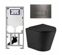 QeramiQ Dely Pack WC cuvette sans bride 36.3x51.7cm avec bâti-support Geberit UP320 abattant WC noir mat frein de chute et plaque de commande Gun metal boutons Rectangulaires SW1026253/0701131/SW70619