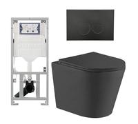 QeramiQ Dely Pack WC cuvette sans bride 36.3x51.7cm avec bâti-support Geberit UP320 abattant WC noir mat frein de chute et plaque de commande Noir mat boutons Ronds SW1026253/0701131/SW706192/SW100076