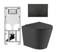 QeramiQ Dely Pack WC cuvette sans bride 36.3x51.7cm avec bâti-support Geberit UP320 abattant WC noir mat frein de chute et plaque de commande Noir mat boutons Ronds SW1026253/0701131/SW706188/SW100076