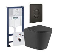 QeramiQ Dely Pack WC - réservoir encastré Grohe - plaque de déclenchement noir mat - WC ovale - abattant - noir mat 0729205/SW1026253/SW656735/SW1000768