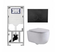 QeramiQ Dely Swirl Ensemble de WC- 36,3x51,7 cm - Sans bride - Réservoir encastré Geberit UP320 - Abattant fin - Plaque de commande en métal noir mat - Boutons ronds - Blanc mat 0701131/SW706192/SW100