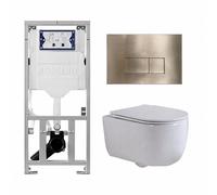 QeramiQ Dely Swirl Ensemble WC - 36,3x51,7 cm - fond creux - sans bride- réservoir encastré Geberit UP320 - abattant fin - plaque de commande en laiton brossé - boutons rectangulaires - blanc mat 0701