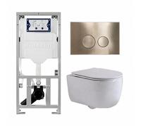QeramiQ Dely Swirl Ensemble WC- 36,3x51,7 cm - fond creux - sans bride- réservoir encastré Geberit UP320 - abattant fin - plaque de commande en laiton brossé - boutons ronds - blanc mat 0701131/SW7062