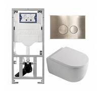 QeramiQ Dely Swirl Ensemble WC- 36.3x51.7cm - Fond creux - Sans bride - Réservoir encastré Geberit UP320 - Abattant de 35mm d'épaisseur - Plaque de commande en laiton brossé - Boutons ronds - Blanc ma