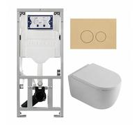 QeramiQ Dely Swirl Ensemble WC - 36.3x51.7cm - réservoir encastré Geberit UP320 - avec cadre Burda - abattant 35mm - plaque de commande beige - boutons ronds - blanc brillant 0701131/SW1102365/SW10007
