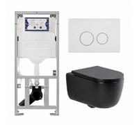 QeramiQ Dely Swirl Ensemble WC - 36.3x51.7cm - réservoir encastré Geberit UP320 - avec châssis Burda - abattant slim - plaque de commande blanc brillant - boutons ronds - noir mat 0701131/SW706186/SW1
