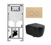 QeramiQ Dely Swirl Ensemble WC - 36.3x51.7cm - réservoir encastré Geberit UP320 - avec châssis Burda - abattant slim - plaque de commande beige - boutons ronds - noir mat 0701131/SW1102365/SW1000768/S