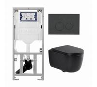 QeramiQ Dely Swirl Ensemble WC - 36.3x51.7cm - réservoir encastré Geberit UP320 - avec châssis Burda - abattant slim - plaque de commande anthracite mat - boutons ronds - noir mat 0701131/SW1102376/SW