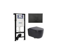 QeramiQ Dely Swirl Ensemble WC - 36.3x51.7cm - réservoir encastré Geberit UP320 plieger - abattant 35mm - plaque de commande noir mat - boutons ronds - noir mat SW1381697/SW706188/SW1000769/SW1026258