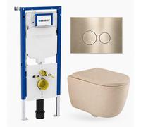 QeramiQ Dely Swirl Ensemble WC - 36.3x51.7cm - réservoir encastré Geberit UP720 Duofix Sigma - abattant 35mm - plaque de commande en laiton brossé - boutons ronds - beige mat SW1237202/SW706200/SW1000