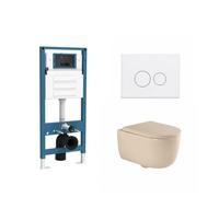 QeramiQ Dely Swirl Ensemble WC - réservoir encastré Qeramiq Flush - abattant 35mm - plaque de commande blanche mate en métal - boutons ronds - beige SW1026259/SW1448813/SW1000771/SW706190