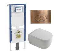 QeramiQ Dely Swirl Pack WC - 36.3x51.7cm - à fond creux - sans bride - réservoir attenant Geberit UP720 Duofix Sigma - assise 35mm - plaque de déclenchement en cuivre - boutons ronds - blanc mat SW123