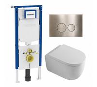 QeramiQ Dely Swirl Pack WC - 36.3x51.7cm - à fond creux - sans bride - réservoir encastré Geberit UP720 Duofix Sigma - assise 35mm - plaque de déclenchement en laiton brossé - boutons ronds - blanc ma