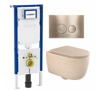 QeramiQ Dely Swirl Toiletset - 36.3x51.7cm - Geberit UP720 Duofix Sigma inbouwreservoir -slim zitting - geborsteld messing bedieningsplaat - ronde knoppen - beige SW1237202/SW706200/SW1000770/SW102625