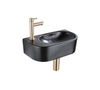 QeramiQ Fuente Ensemble de lavabo - 40x21.5x12cm - gauche - lisse - demi-rond - 1 trou de robinet - céramique - robinet de lavabo en laiton brossé - bouchon de vidange - siphon abaissé - noir mat SW12
