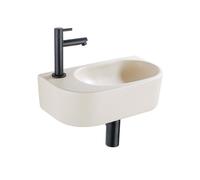 QeramiQ Fuente Ensemble de lavabo - 40x21.5x12cm - gauche - lisse - demi-rond - 1 trou de robinet - céramique - robinet de lavabo noir mat - bouchon de vidange - siphon abaissé - beige SW1209557/SW696