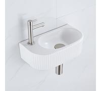 QeramiQ Fuente Ensemble de Lavabo - 40x21.5x12cm - gauche - strié - demi-rond - 1 trou de robinet - céramique - ensemble de robinet en acier inoxydable brossé - bouchon de vidange - siphon réduit - bl