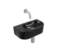 QeramiQ Fuente Ensemble de Lavabo - 40x21.5x12cm - lisse - demi-rond - céramique - ensemble de robinet en acier inoxydable brossé - bouchon de vidange - siphon abaissé - noir mat SW1210764/SW696207/SW