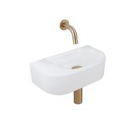 QeramiQ Fuente Ensemble de Lavabo - 40x21.5x12cm - lisse - demi-rond - céramique - ensemble de robinet en laiton brossé - bouchon de vidange - siphon abaissé - blanc mat SW1210763/SW696208/SW696218/SW