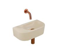 QeramiQ Fuente Ensemble de Lavabo - 40x21.5x12cm - lisse - demi-rond - sans trou pour robinet - céramique - ensemble de robinet en cuivre brossé - bouchon de vidange - siphon réduit - beige SW1210765/