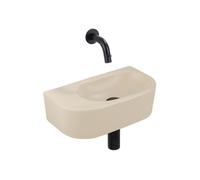 QeramiQ Fuente Ensemble de Lavabo - 40x21.5x12cm - lisse - demi-rond - sans trou pour robinet - céramique - ensemble de robinet noir mat - bouchon de vidange - siphon abaissé - beige SW1210765/SW69620