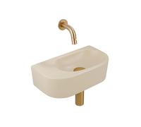 QeramiQ Fuente Ensemble de Lavabo - 40x21.5x12cm - lisse - demi-rond - sans trou pour robinet céramique - ensemble de robinet en laiton brossé - bouchon de vidange - siphon abaissé - beige SW1210765/S