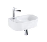 QeramiQ Fuente Ensemble de lave-mains - 40x21.5x12cm - gauche - cannelé - demi-rond - 1 trou de robinet - céramique - robinet de lavabo chromé - bouchon de vidage - siphon abaissé - blanc brillant SW1