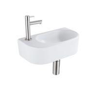 QeramiQ Fuente Ensemble de lave-mains - 40x21.5x12cm - gauche - lisse - demi-rond - 1 trou de robinet - céramique - robinet de lavabo eau froide inox brossé - bouchon de vidage - siphon abaissé - blan