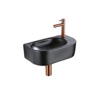 QeramiQ Fuente Ensemble lavabo WC - 40x21.5x12cm - droit - lisse - semi-circulaire - 1 trou de robinet - céramique - robinet de lave-mains cuivre brossé - bonde - siphon abaissé - noir mat SW1209552/S