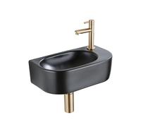 QeramiQ Fuente Ensemble lave-mains - 40x21.5x12cm - droite - lisse - semi-circulaire - 1 trou de robinet - céramique - robinet de lave-mains laiton brossé - bouchon de vidage - siphon abaissé - noir m