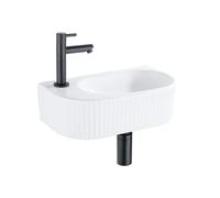 QeramiQ Fuente Ensemble lave-mains - 40x21.5x12cm - gauche - cannelé - demi-rond - 1 trou de robinet - céramique - robinet lave-mains noir mat - bouchon de vidage - siphon abaissé - blanc brillant SW1
