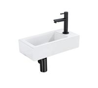 QeramiQ Fuente pack lave-mains - 37,5 x 18,5 x 9 cm - céramique blanc brillant - perçage à droite - robinet noir mat SW1122445/SW696205/SW696215/SW696235